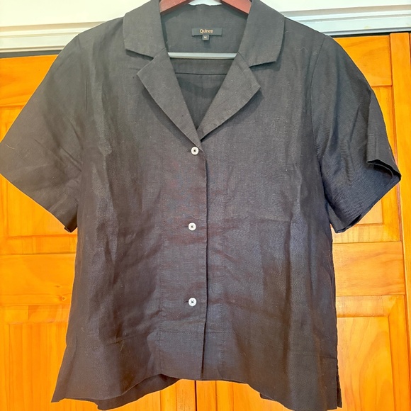 Quince Black 100% European Linen Black Short Sleeve Button Down Size Medium - Picture 1 of 8